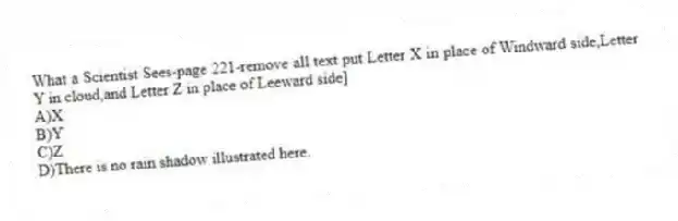 What a Scientist Sees-page 221-remove all text put Letter X in place of Windward side,Letter Y in cloud,and Letter Z in place of Leeward side]
A)X
B)Y
C)Z
D)There is no rain shadow illustrated here.