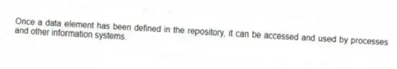 Once a data element has been defined in the repository, it can be accessed and used by processes and other information systems.