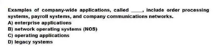 Examples of company-wide applications, called _____, include order processing systems, payroll systems, and company communications networks.
A) enterprise applications
B) network operating systems (NOS)
C) operating applications
D) legacy systems