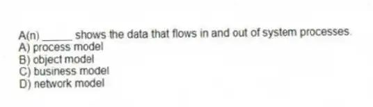 A(n) _____ shows the data that flows in and out of system processes.
A) process model
B) object model
C) business model
D) network model