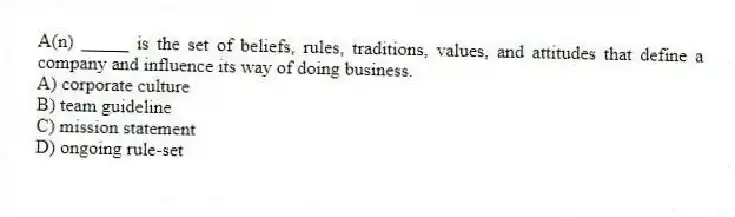 A(n) _____ is the set of beliefs, rules, traditions, values, and attitudes that define a company and influence its way of doing business.
A) corporate culture
B) team guideline
C) mission statement
D) ongoing rule-set