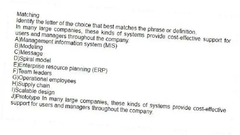 Matching
Identify the letter of the choice that best matches the phrase or definition.
-In many large companies, these kinds of systems provide cost-effective support for users and managers throughout the company.
A)Management information system (MIS)
B)Modeling
C)Message
D)Spiral model
E)Enterprise resource planning (ERP)
F)Team leaders
G)Operational employees
H)Supply chain
I)Scalable design
J)Prototype In many large companies, these kinds of systems provide cost-effective support for users and managers throughout the company.
