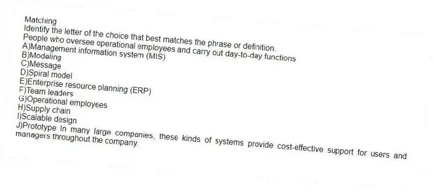 Matching
Identify the letter of the choice that best matches the phrase or definition.
-People who oversee operational employees and carry out day-to-day functions
A)Management information system (MIS)
B)Modeling
C)Message
D)Spiral model
E)Enterprise resource planning (ERP)
F)Team leaders
G)Operational employees
H)Supply chain
I)Scalable design
J)Prototype In many large companies, these kinds of systems provide cost-effective support for users and managers throughout the company.