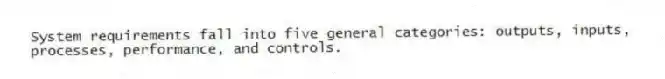 System requirements fall into five general categories: outputs, inputs, processes, performance, and controls.