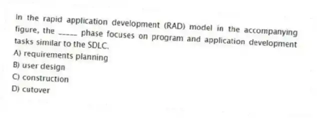 In the rapid application development (RAD) model in the accompanying figure, the _____ phase focuses on program and application development tasks similar to the SDLC.
A) requirements planning
B) user design
C) construction
D) cutover