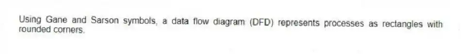 Using Gane and Sarson symbols, a data flow diagram (DFD) represents processes as rectangles with rounded corners.