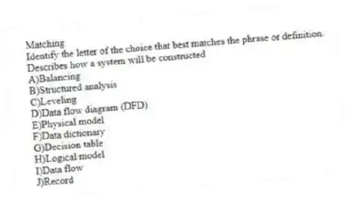 Matching
Identify the letter of the choice that best matches the phrase or definition.
-Describes how a system will be constructed
A)Balancing
B)Structured analysis
C)Leveling
D)Data flow diagram (DFD)
E)Physical model
F)Data dictionary
G)Decision table
H)Logical model
I)Data flow
J)Record