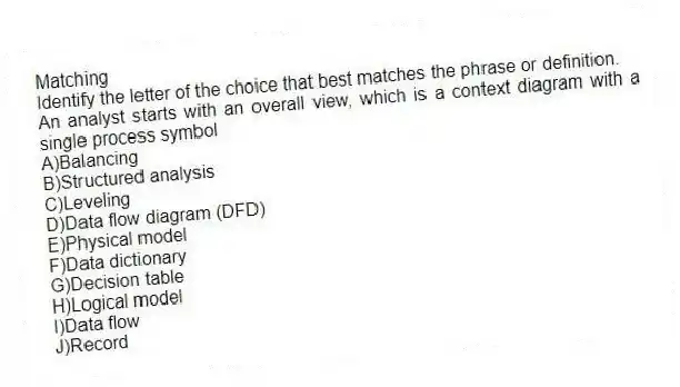 Matching
Identify the letter of the choice that best matches the phrase or definition.
-An analyst starts with an overall view, which is a context diagram with a single process symbol
A)Balancing
B)Structured analysis
C)Leveling
D)Data flow diagram (DFD)
E)Physical model
F)Data dictionary
G)Decision table
H)Logical model
I)Data flow
J)Record