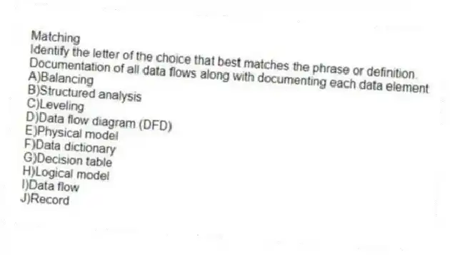 Matching
Identify the letter of the choice that best matches the phrase or definition.
-Documentation of all data flows along with documenting each data element
A)Balancing
B)Structured analysis
C)Leveling
D)Data flow diagram (DFD)
E)Physical model
F)Data dictionary
G)Decision table
H)Logical model
I)Data flow
J)Record
