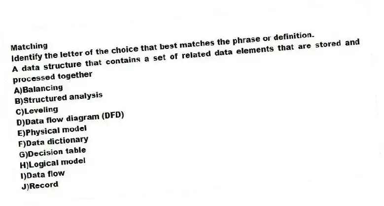 Matching
Identify the letter of the choice that best matches the phrase or definition.
-A data structure that contains a set of related data elements that are stored and processed together
A)Balancing
B)Structured analysis
C)Leveling
D)Data flow diagram (DFD)
E)Physical model
F)Data dictionary
G)Decision table
H)Logical model
I)Data flow
J)Record