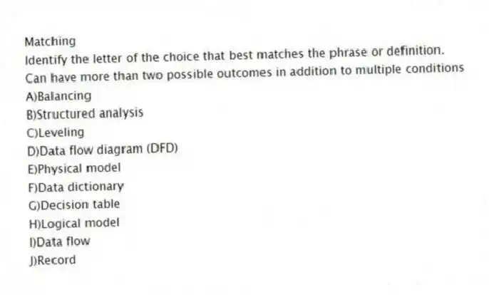 Matching
Identify the letter of the choice that best matches the phrase or definition.
-Can have more than two possible outcomes in addition to multiple conditions
A)Balancing
B)Structured analysis
C)Leveling
D)Data flow diagram (DFD)
E)Physical model
F)Data dictionary
G)Decision table
H)Logical model
I)Data flow
J)Record