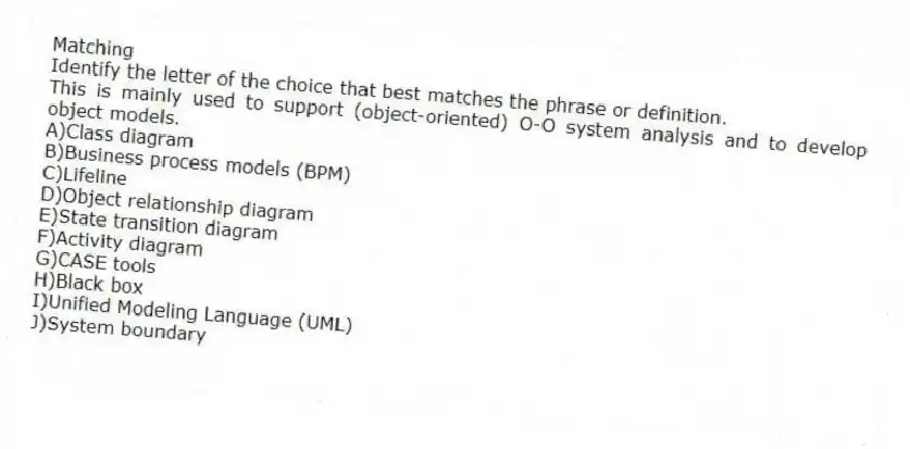 Matching
Identify the letter of the choice that best matches the phrase or definition.
-This is mainly used to support (object-oriented) O-O system analysis and to develop object models.
A)Class diagram
B)Business process models (BPM)
C)Lifeline
D)Object relationship diagram
E)State transition diagram
F)Activity diagram
G)CASE tools
H)Black box
I)Unified Modeling Language (UML)
J)System boundary