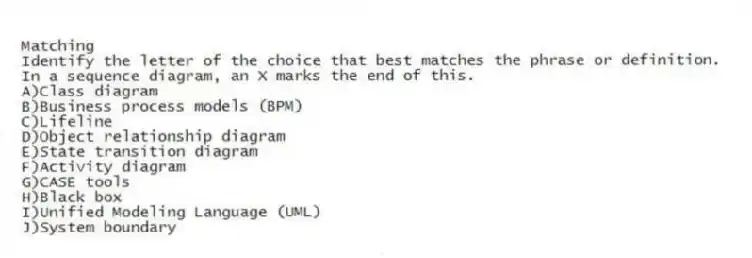 Matching
Identify the letter of the choice that best matches the phrase or definition.
-In a sequence diagram, an X marks the end of this.
A)Class diagram
B)Business process models (BPM)
C)Lifeline
D)Object relationship diagram
E)State transition diagram
F)Activity diagram
G)CASE tools
H)Black box
I)Unified Modeling Language (UML)
J)System boundary