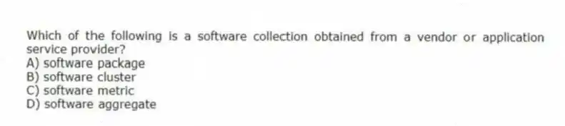 Which of the following is a software collection obtained from a vendor or application service provider?
A) software package
B) software cluster
C) software metric
D) software aggregate