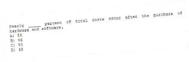 Nearly _____ percent of total costs occur after the purchase of hardware and software.
A) 15
B) 45
C) 80
D) 95