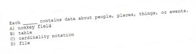 Each _____ contains data about people, places, things, or events.
A) nonkey field
B) table
C) cardinality notation
D) file