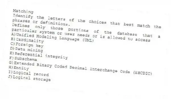 Matching
Identify the letters of the choices that best match the phrases or definitions.
-Defines only those portions of the database that a particular system or user needs or is allowed to access
A)Unified Modeling Language (UML)
B)Cardinality
C)Foreign key
D)Data mining
E)Referential integrity
F)Subschema
G)Extended Binary Coded Decimal Interchange Code (EBCDIC)
H)Entity
I)Logical record
J)Logical storage
