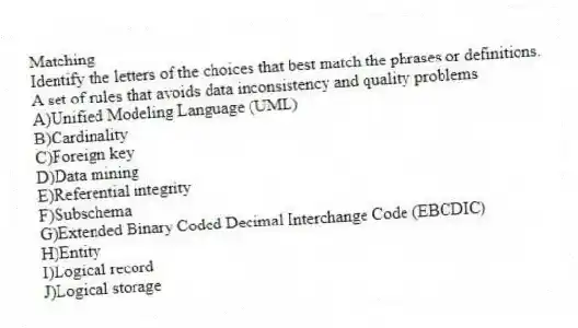 Matching
Identify the letters of the choices that best match the phrases or definitions.
-A set of rules that avoids data inconsistency and quality problems
A)Unified Modeling Language (UML)
B)Cardinality
C)Foreign key
D)Data mining
E)Referential integrity
F)Subschema
G)Extended Binary Coded Decimal Interchange Code (EBCDIC)
H)Entity
I)Logical record
J)Logical storage