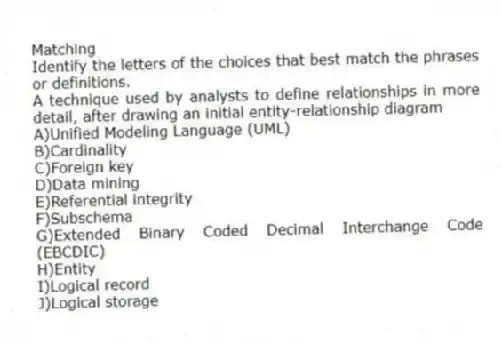 Matching
Identify the letters of the choices that best match the phrases or definitions.
-A technique used by analysts to define relationships in more detail, after drawing an initial entity-relationship diagram
A)Unified Modeling Language (UML)
B)Cardinality
C)Foreign key
D)Data mining
E)Referential integrity
F)Subschema
G)Extended Binary Coded Decimal Interchange Code (EBCDIC)
H)Entity
I)Logical record
J)Logical storage