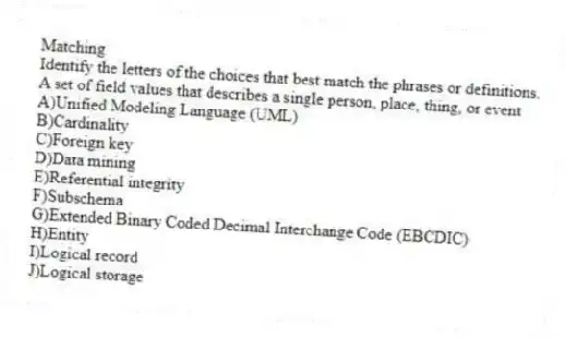 Matching
Identify the letters of the choices that best match the phrases or definitions.
-A set of field values that describes a single person, place, thing, or event
A)Unified Modeling Language (UML)
B)Cardinality
C)Foreign key
D)Data mining
E)Referential integrity
F)Subschema
G)Extended Binary Coded Decimal Interchange Code (EBCDIC)
H)Entity
I)Logical record
J)Logical storage