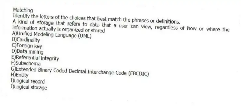 Matching
Identify the letters of the choices that best match the phrases or definitions.
-A kind of storage that refers to data that a user can view, regardless of how or where the information actually is organized or stored
A)Unified Modeling Language (UML)
B)Cardinality
C)Foreign key
D)Data mining
E)Referential integrity
F)Subschema
G)Extended Binary Coded Decimal Interchange Code (EBCDIC)
H)Entity
I)Logical record
J)Logical storage
