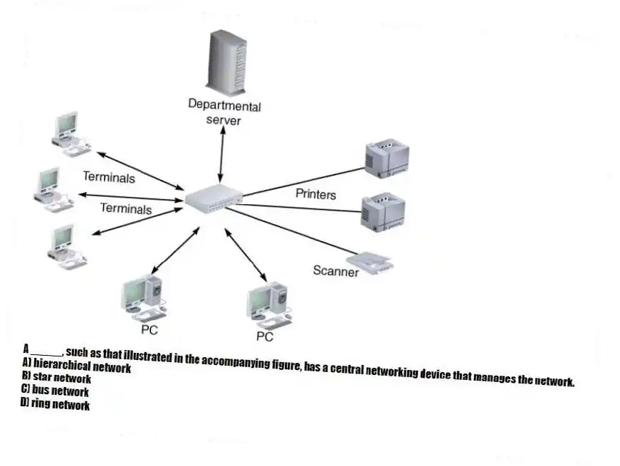 -A _____, such as that illustrated in the accompanying figure, has a central networking device that manages the network.
A) hierarchical network
B) star network
C) bus network
D) ring network