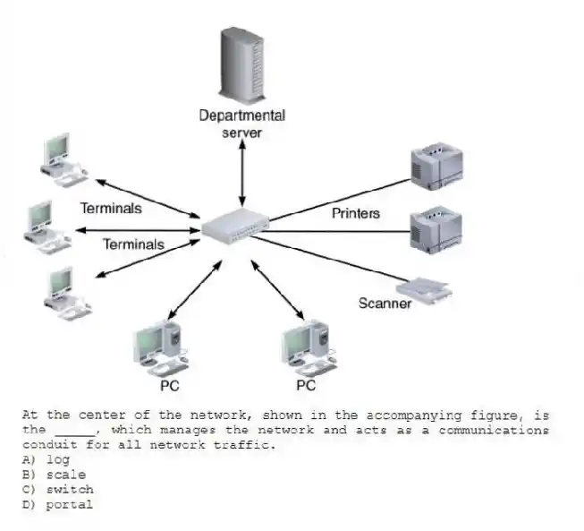 -At the center of the network, shown in the accompanying figure, is the _____, which manages the network and acts as a communications conduit for all network traffic.
A) log
B) scale
C) switch
D) portal