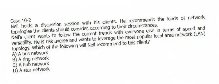 Case 10-2
Neil holds a discussion session with his clients. He recommends the kinds of network topologies the clients should consider, according to their circumstances.
-Neil's client wants to follow the current trends with everyone else in terms of speed and versatility. He is risk-averse and wants to leverage the most popular local area network (LAN) topology. Which of the following will Neil recommend to this client?
A) A bus network
B) A ring network
C) A hub network
D) A star network