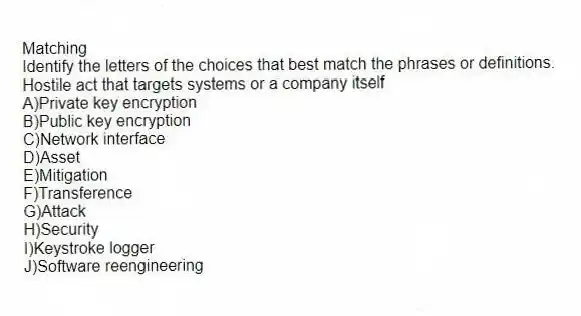 Matching
Identify the letters of the choices that best match the phrases or definitions.
-Hostile act that targets systems or a company itself
A)Private key encryption
B)Public key encryption
C)Network interface
D)Asset
E)Mitigation
F)Transference
G)Attack
H)Security
I)Keystroke logger
J)Software reengineering