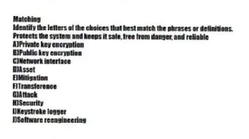 Matching
Identify the letters of the choices that best match the phrases or definitions.
-Protects the system and keeps it safe, free from danger, and reliable
A)Private key encryption
B)Public key encryption
C)Network interface
D)Asset
E)Mitigation
F)Transference
G)Attack
H)Security
I)Keystroke logger
J)Software reengineering