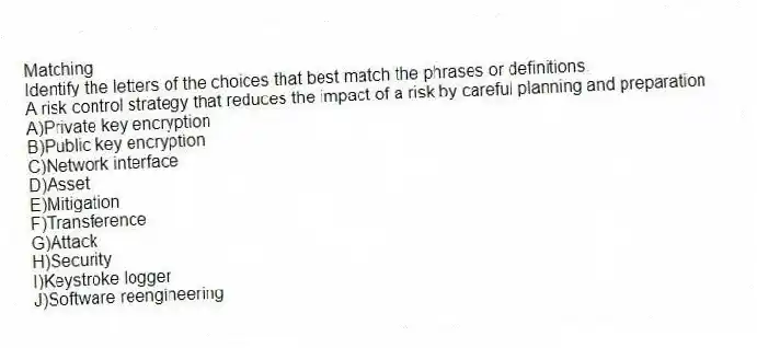 Matching
Identify the letters of the choices that best match the phrases or definitions.
-A risk control strategy that reduces the impact of a risk by careful planning and preparation
A)Private key encryption
B)Public key encryption
C)Network interface
D)Asset
E)Mitigation
F)Transference
G)Attack
H)Security
I)Keystroke logger
J)Software reengineering