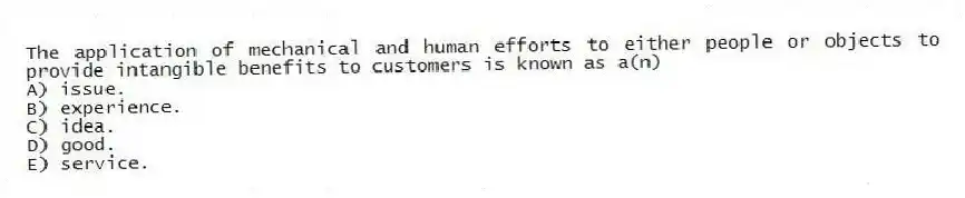 The application of mechanical and human efforts to either people or objects to provide intangible benefits to customers is known as a(n)
A) issue.
B) experience.
C) idea.
D) good.
E) service.