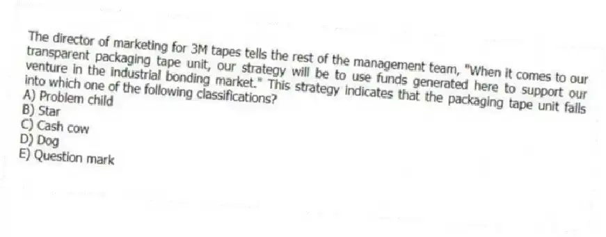 The director of marketing for 3M tapes tells the rest of the management team, "When it comes to our transparent packaging tape unit, our strategy will be to use funds generated here to support our venture in the industrial bonding market." This strategy indicates that the packaging tape unit falls into which one of the following classifications?
A) Problem child
B) Star
C) Cash cow
D) Dog
E) Question mark