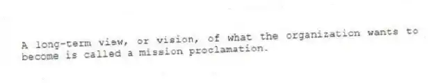 A long-term view, or vision, of what the organization wants to become is called a mission proclamation.