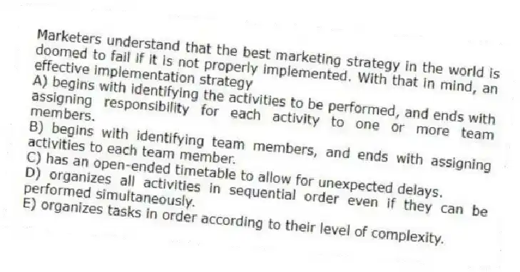 Marketers understand that the best marketing strategy in the world is doomed to fail if it is not properly implemented. With that in mind, an effective implementation strategy
A) begins with identifying the activities to be performed, and ends with assigning responsibility for each activity to one or more team members.
B) begins with identifying team members, and ends with assigning activities to each team member.
C) has an open-ended timetable to allow for unexpected delays.
D) organizes all activities in sequential order even if they can be performed simultaneously.
E) organizes tasks in order according to their level of complexity.