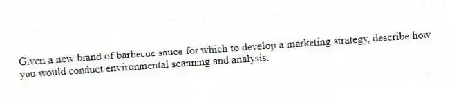 Given a new brand of barbecue sauce for which to develop a marketing strategy, describe how you would conduct environmental scanning and analysis.