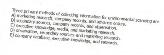 Three primary methods of collecting information for environmental scanning are
A) marketing research, company records, and advance orders.
B) secondary sources, company records, and observation.
C) executive knowledge, media, and marketing research.
D) observation, secondary sources, and marketing research.
E) company database, executive knowledge, and research.