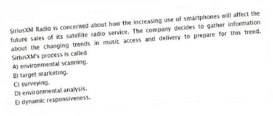 SiriusXM Radio is concerned about how the increasing use of smartphones will affect the future sales of its satellite radio service. The company decides to gather information about the changing trends in music access and delivery to prepare for this trend. SiriusXM's process is called
A) environmental scanning.
B) target marketing.
C) surveying.
D) environmental analysis.
E) dynamic responsiveness.