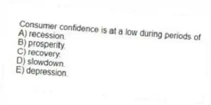 Consumer confidence is at a low during periods of
A) recession.
B) prosperity.
C) recovery.
D) slowdown.
E) depression.