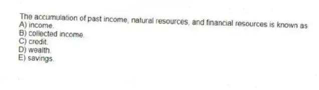 The accumulation of past income, natural resources, and financial resources is known as
A) income.
B) collected income.
C) credit.
D) wealth.
E) savings.
