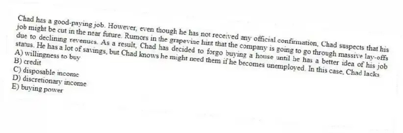 Chad has a good-paying job. However, even though he has not received any official confirmation, Chad suspects that his job might be cut in the near future. Rumors in the grapevine hint that the company is going to go through massive lay-offs due to declining revenues. As a result, Chad has decided to forgo buying a house until he has a better idea of his job status. He has a lot of savings, but Chad knows he might need them if he becomes unemployed. In this case, Chad lacks
A) willingness to buy
B) credit
C) disposable income
D) discretionary income
E) buying power