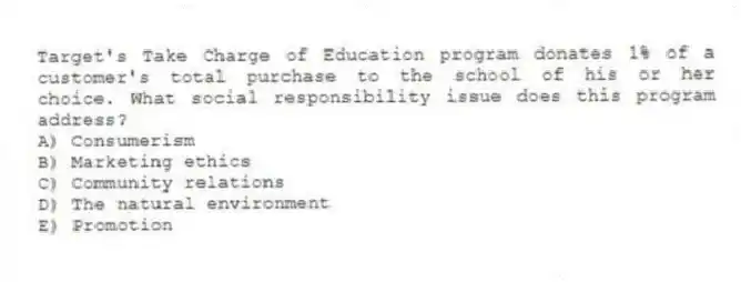 Target's Take Charge of Education program donates 1% of a customer's total purchase to the school of his or her choice. What social responsibility issue does this program address?
A) Consumerism
B) Marketing ethics
C) Community relations
D) The natural environment
E) Promotion