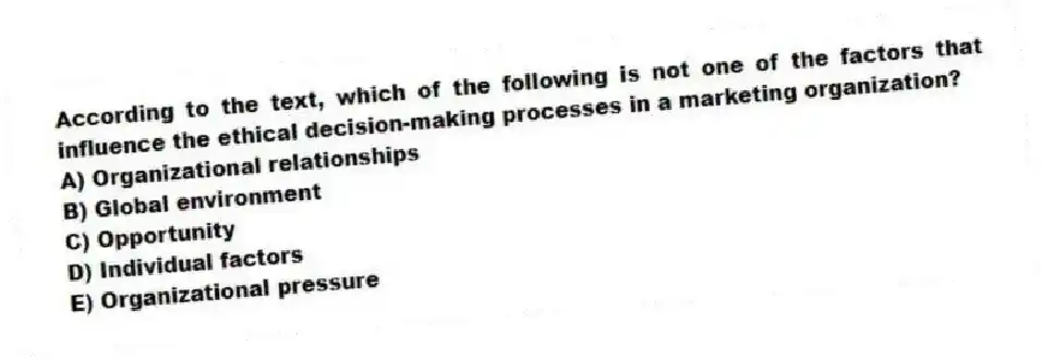 According to the text, which of the following is not one of the factors that influence the ethical decision-making processes in a marketing organization?
A) Organizational relationships
B) Global environment
C) Opportunity
D) Individual factors
E) Organizational pressure