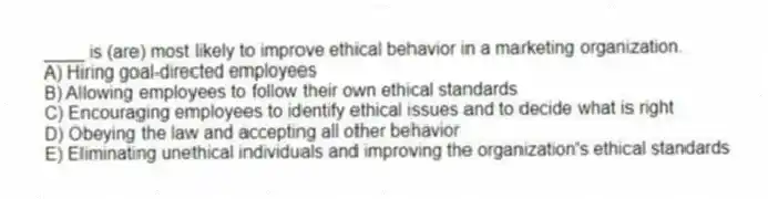 ____ is (are) most likely to improve ethical behavior in a marketing organization.
A) Hiring goal-directed employees
B) Allowing employees to follow their own ethical standards
C) Encouraging employees to identify ethical issues and to decide what is right
D) Obeying the law and accepting all other behavior
E) Eliminating unethical individuals and improving the organization's ethical standards