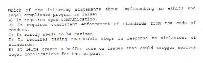 Which of the following statements about implementing an ethics and legal compliance program is false?
A) It requires open communication.
B) It requires consistent enforcement of standards from the code of conduct.
C) It rarely needs to be revised.
D) It requires taking reasonable steps in response to violations of standards.
E) It helps create a buffer zone on issues that could trigger serious legal complications for the company.