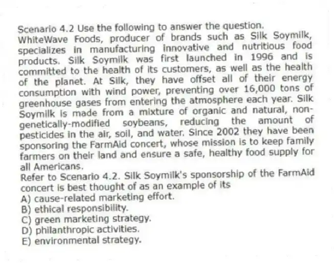 Scenario 4.2 Use the following to answer the question.
WhiteWave Foods, producer of brands such as Silk Soymilk, specializes in manufacturing innovative and nutritious food products. Silk Soymilk was first launched in 1996 and is committed to the health of its customers, as well as the health of the planet. At Silk, they have offset all of their energy consumption with wind power, preventing over 16,000 tons of greenhouse gases from entering the atmosphere each year. Silk Soymilk is made from a mixture of organic and natural, non-genetically-modified soybeans, reducing the amount of pesticides in the air, soil, and water. Since 2002 they have been sponsoring the FarmAid concert, whose mission is to keep family farmers on their land and ensure a safe, healthy food supply for all Americans.
Refer to Scenario 4.2. Silk Soymilk's sponsorship of the FarmAid concert is best thought of as an example of its
A) cause-related marketing effort.
B) ethical responsibility.
C) green marketing strategy.
D) philanthropic activities.
E) environmental strategy.