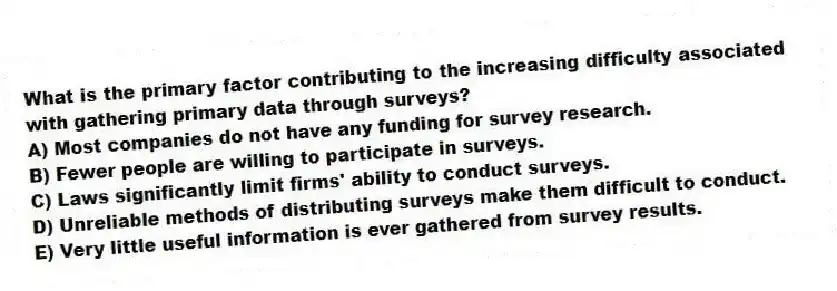 What is the primary factor contributing to the increasing difficulty associated with gathering primary data through surveys?
A) Most companies do not have any funding for survey research.
B) Fewer people are willing to participate in surveys.
C) Laws significantly limit firms' ability to conduct surveys.
D) Unreliable methods of distributing surveys make them difficult to conduct.
E) Very little useful information is ever gathered from survey results.