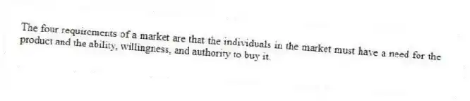 The four requirements of a market are that the individuals in the market must have a need for the product and the ability, willingness, and authority to buy it.