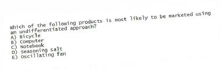 Which of the following products is most likely to be marketed using an undifferentiated approach?
A) Bicycle
B) Computer
C) Notebook
D) Seasoning salt
E) Oscillating fan