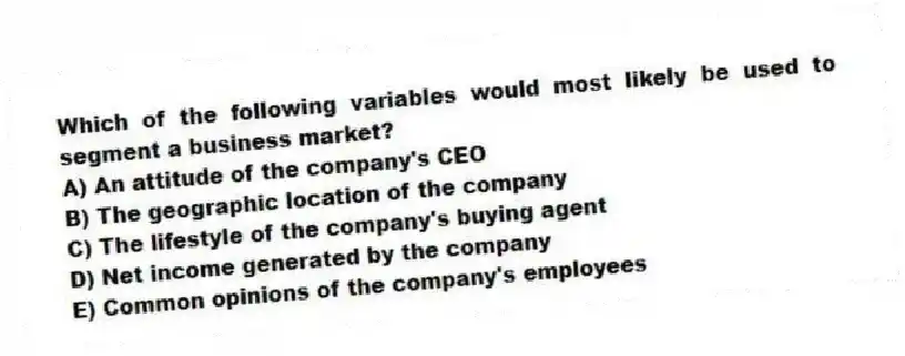 Which of the following variables would most likely be used to segment a business market?
A) An attitude of the company's CEO
B) The geographic location of the company
C) The lifestyle of the company's buying agent
D) Net income generated by the company
E) Common opinions of the company's employees